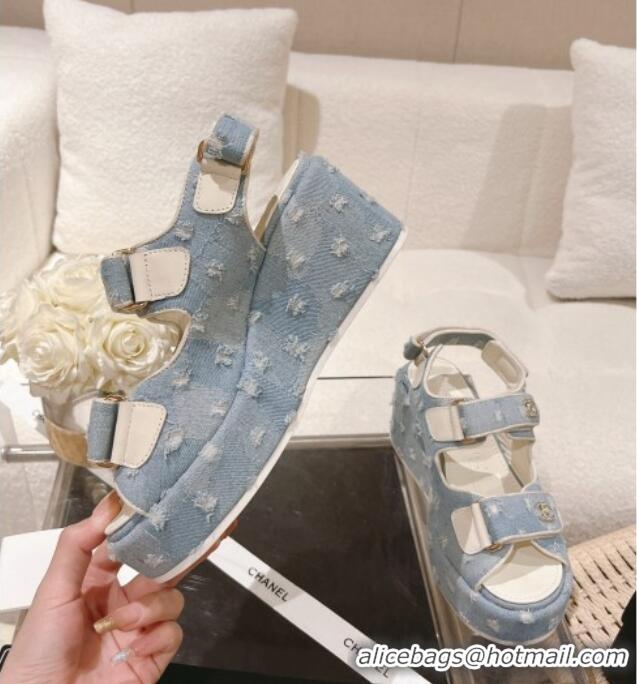 Cheap Price Chanel Destroyed Denim Wedge Sandals 7.5cm Light Blue 071049