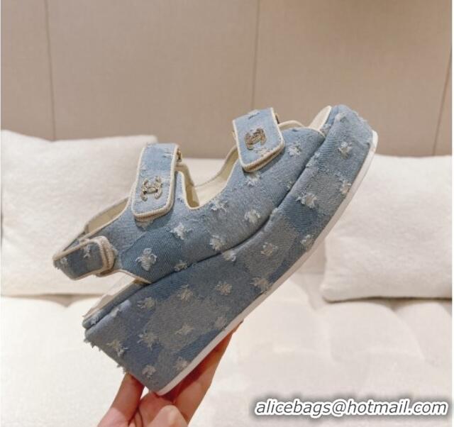 Cheap Price Chanel Destroyed Denim Wedge Sandals 7.5cm Light Blue 071049