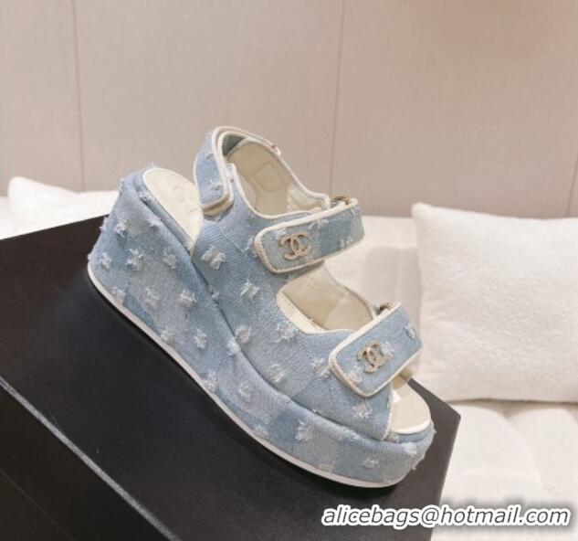 Cheap Price Chanel Destroyed Denim Wedge Sandals 7.5cm Light Blue 071049