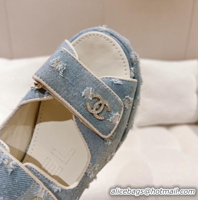 Cheap Price Chanel Destroyed Denim Wedge Sandals 7.5cm Light Blue 071049