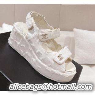 Good Quality Chanel Destroyed Canvas Wedge Sandals 7.5cm White 071050