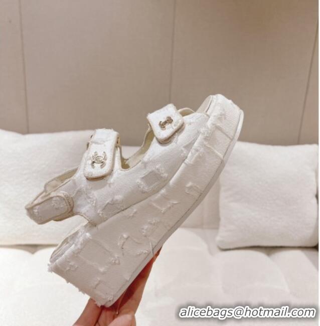 Good Quality Chanel Destroyed Canvas Wedge Sandals 7.5cm White 071050