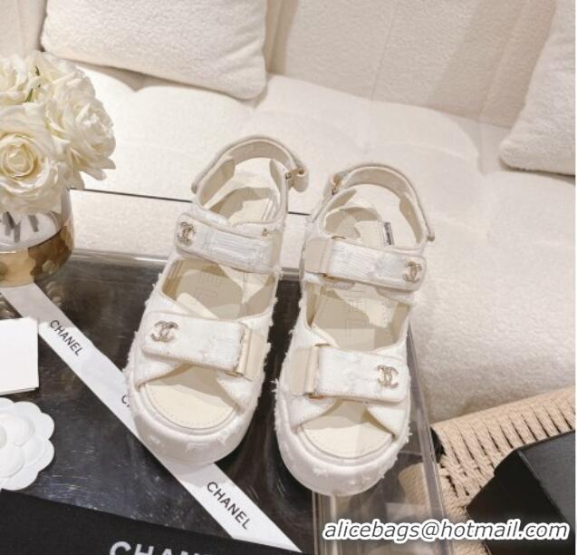 Good Quality Chanel Destroyed Canvas Wedge Sandals 7.5cm White 071050