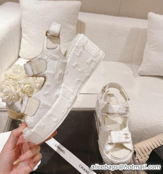 Good Quality Chanel Destroyed Canvas Wedge Sandals 7.5cm White 071050