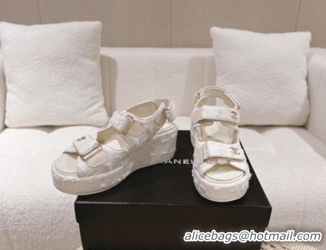 Good Quality Chanel Destroyed Canvas Wedge Sandals 7.5cm White 071050