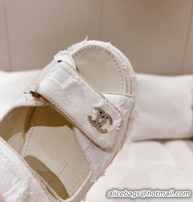 Good Quality Chanel Destroyed Canvas Wedge Sandals 7.5cm White 071050