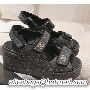 Best Price Chanel Denim Wedge Sandals 7.5cm Black 071052