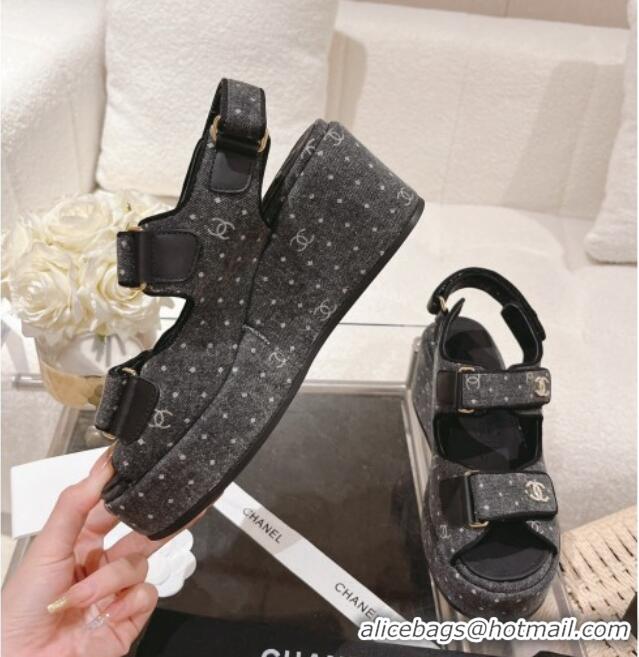 Best Price Chanel Denim Wedge Sandals 7.5cm Black 071052