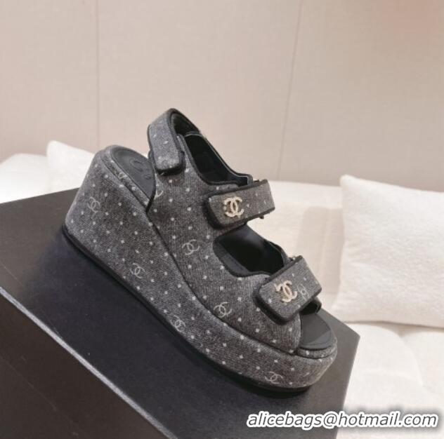 Best Price Chanel Denim Wedge Sandals 7.5cm Black 071052