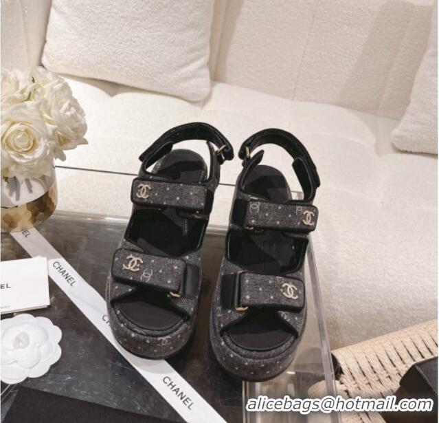 Best Price Chanel Denim Wedge Sandals 7.5cm Black 071052