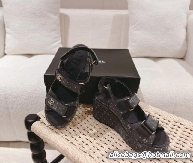 Best Price Chanel Denim Wedge Sandals 7.5cm Black 071052