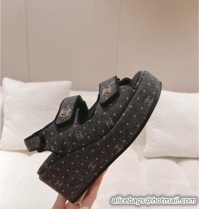 Best Price Chanel Denim Wedge Sandals 7.5cm Black 071052