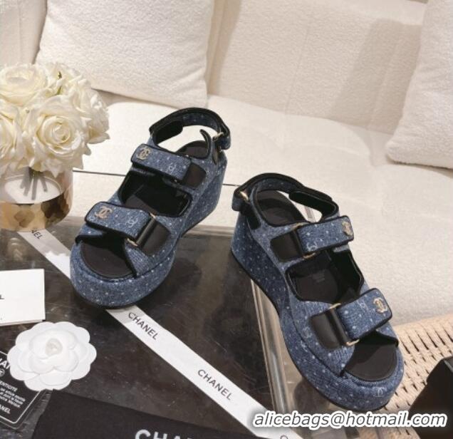 Popular Style Chanel Denim Wedge Sandals 7.5cm Blue 071053