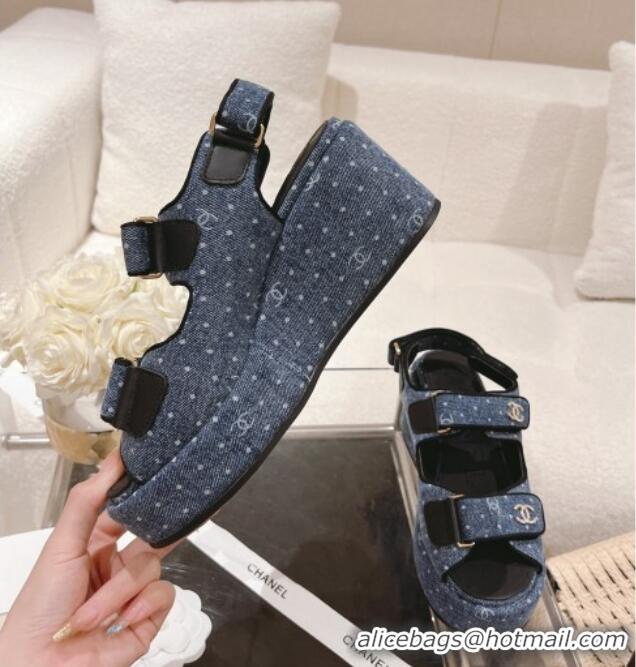 Popular Style Chanel Denim Wedge Sandals 7.5cm Blue 071053