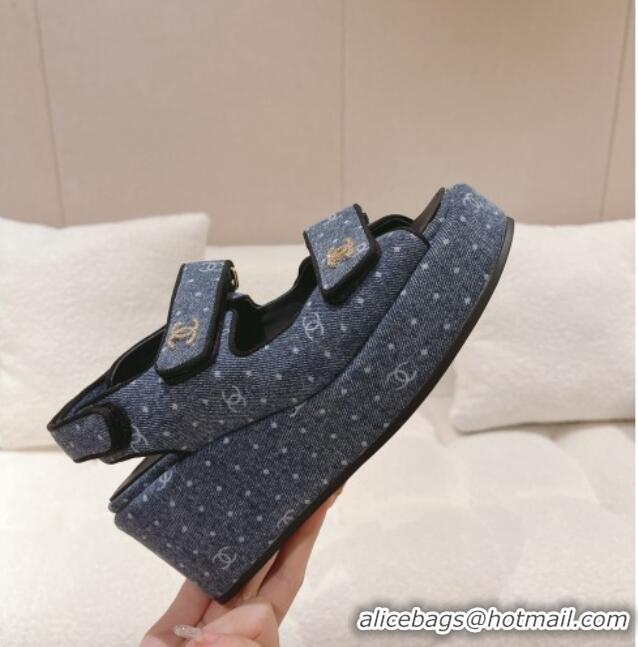 Popular Style Chanel Denim Wedge Sandals 7.5cm Blue 071053