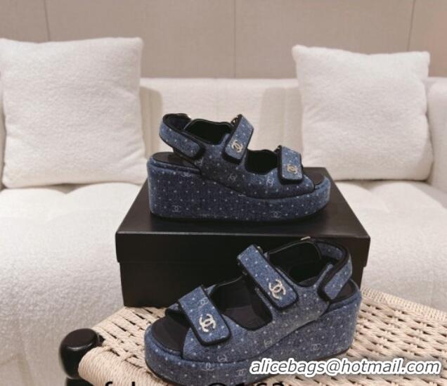 Popular Style Chanel Denim Wedge Sandals 7.5cm Blue 071053