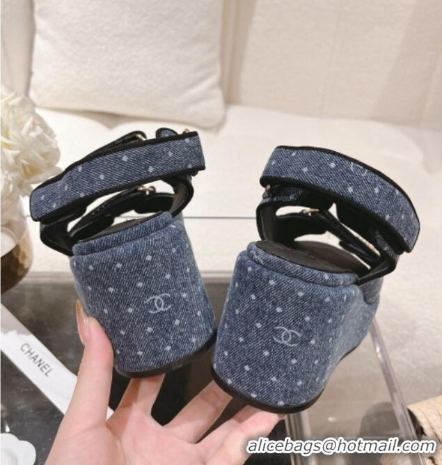 Popular Style Chanel Denim Wedge Sandals 7.5cm Blue 071053