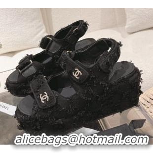 Purchase Chanel Canvas Wedge Sandals 7.5cm with Fringe Black 071054