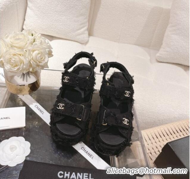 Purchase Chanel Canvas Wedge Sandals 7.5cm with Fringe Black 071054