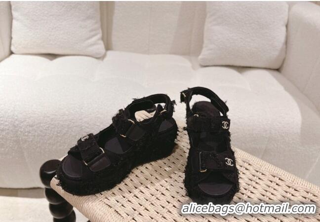 Purchase Chanel Canvas Wedge Sandals 7.5cm with Fringe Black 071054