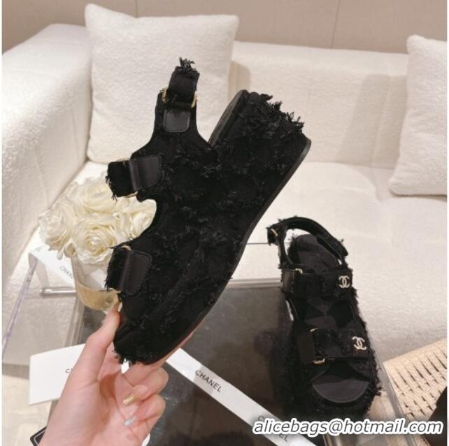 Purchase Chanel Canvas Wedge Sandals 7.5cm with Fringe Black 071054