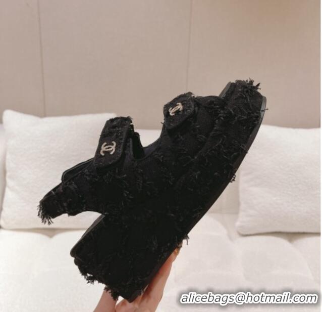 Purchase Chanel Canvas Wedge Sandals 7.5cm with Fringe Black 071054