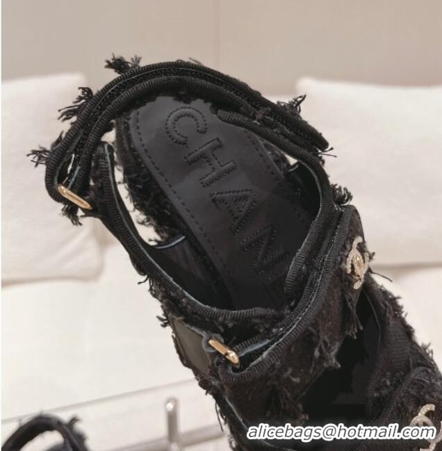 Purchase Chanel Canvas Wedge Sandals 7.5cm with Fringe Black 071054