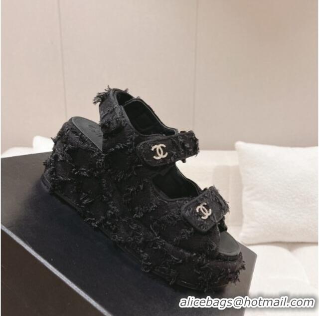 Purchase Chanel Canvas Wedge Sandals 7.5cm with Fringe Black 071054