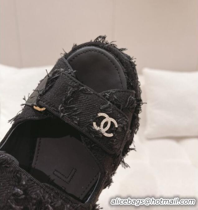 Purchase Chanel Canvas Wedge Sandals 7.5cm with Fringe Black 071054