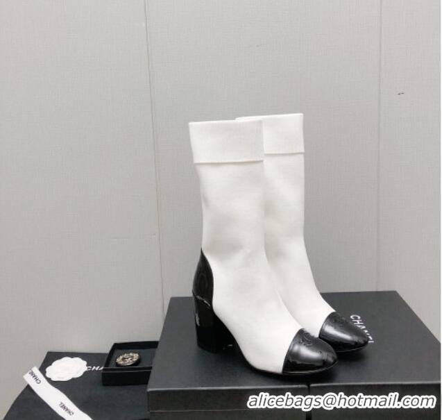 Pretty Style Chanel Knit and Patent Leather Boot 7cm Heel White 371803