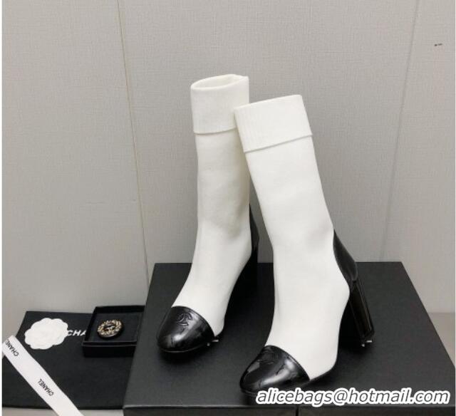 Pretty Style Chanel Knit and Patent Leather Boot 7cm Heel White 371803