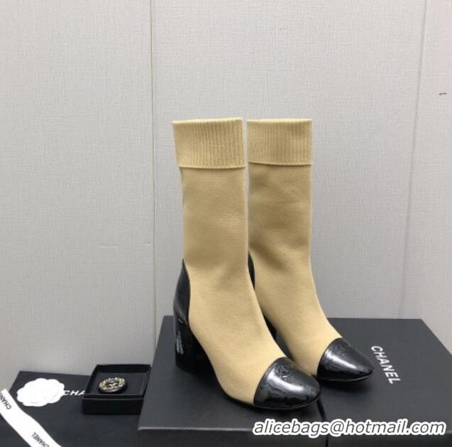 Perfect Chanel Knit and Patent Leather Boot 7cm Heel Beige 371804