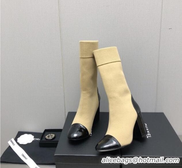 Perfect Chanel Knit and Patent Leather Boot 7cm Heel Beige 371804