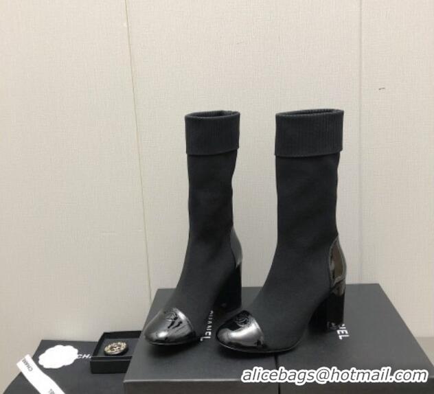 Best Product Chanel Knit and Patent Leather Boot 7cm Heel Black 371805