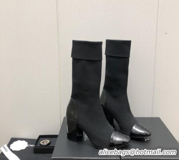 Best Product Chanel Knit and Patent Leather Boot 7cm Heel Black 371805