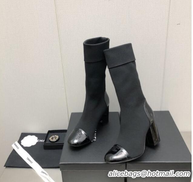 Best Product Chanel Knit and Patent Leather Boot 7cm Heel Black 371805