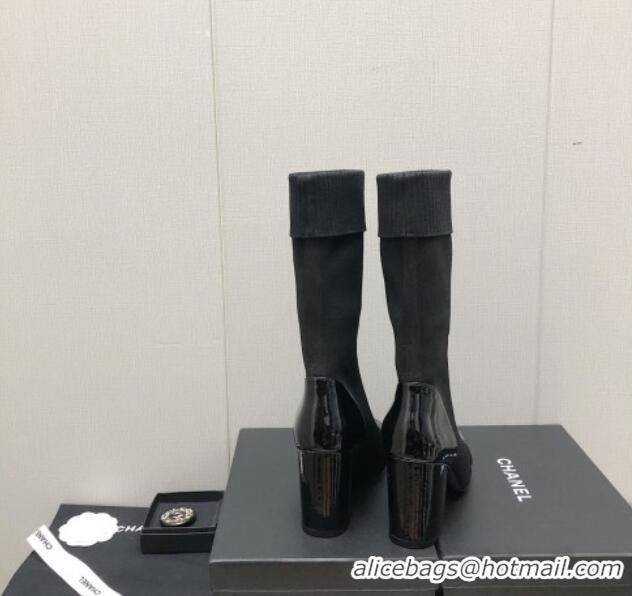 Best Product Chanel Knit and Patent Leather Boot 7cm Heel Black 371805