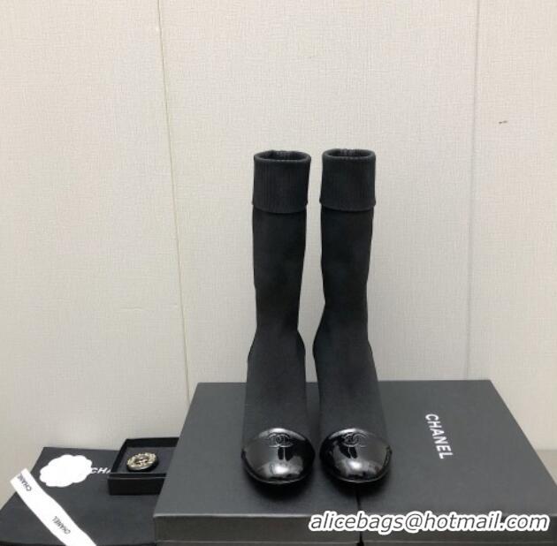 Best Product Chanel Knit and Patent Leather Boot 7cm Heel Black 371805