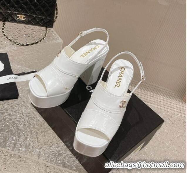 Good Quality Chanel Patent Crumpled Lambskin Sandals 9.5cm G45016 White 719056 