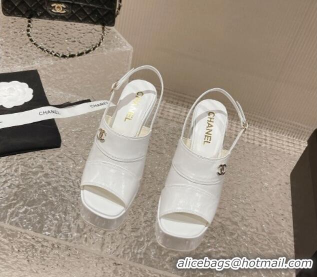 Good Quality Chanel Patent Crumpled Lambskin Sandals 9.5cm G45016 White 719056 