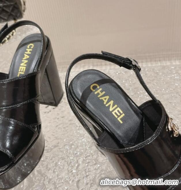 Classic Chanel Patent Crumpled Lambskin Sandals 9.5cm G45016 Black