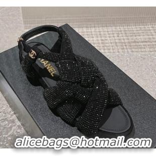 Discount Fashion Chanel Braided Crystal Strap Flat Sandals G45011 Black