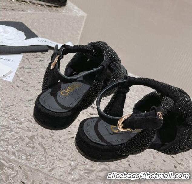 Discount Fashion Chanel Braided Crystal Strap Flat Sandals G45011 Black