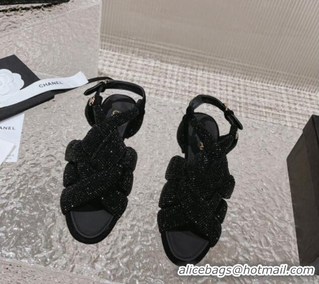 Discount Fashion Chanel Braided Crystal Strap Flat Sandals G45011 Black