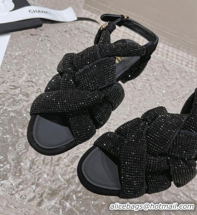 Discount Fashion Chanel Braided Crystal Strap Flat Sandals G45011 Black