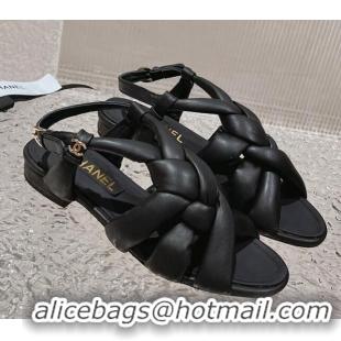 Durable Chanel Braided Lambskin Flat Sandals G45011 Black