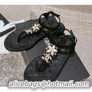 Top Grade Chanel Suede Flat Thong Sandals with Bloom Charm G45025 Black