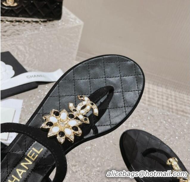 Top Grade Chanel Suede Flat Thong Sandals with Bloom Charm G45025 Black