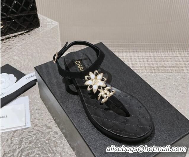 Top Grade Chanel Suede Flat Thong Sandals with Bloom Charm G45025 Black