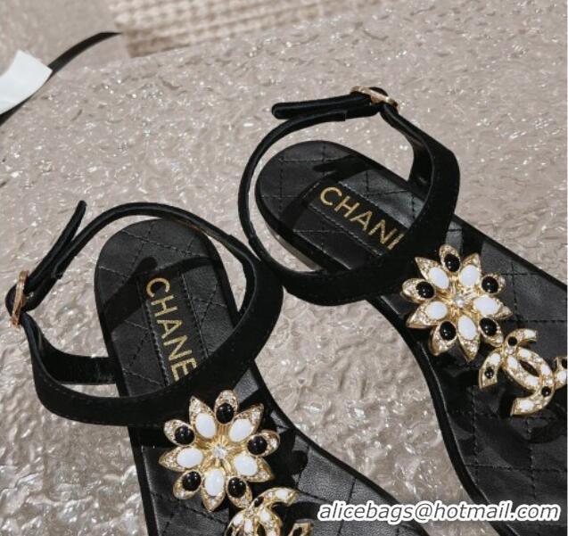 Top Grade Chanel Suede Flat Thong Sandals with Bloom Charm G45025 Black